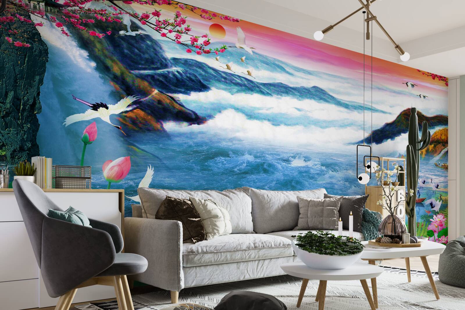 Fototapet la apus, la poalele unei cascade de munte sunt pescari