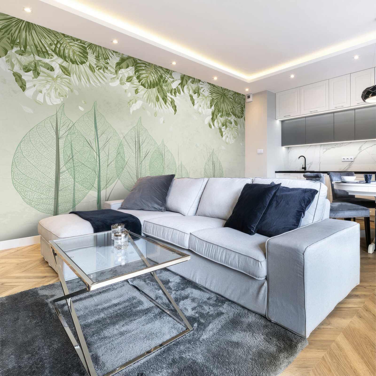 Fototapet o familie de căprioare rătăcește printr-o pădure cețoasă și verde