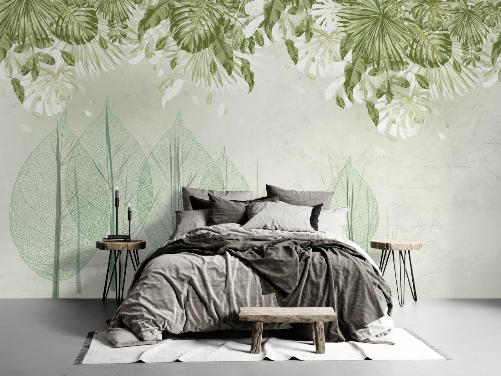 Fototapet o familie de căprioare rătăcește printr-o pădure cețoasă și verde