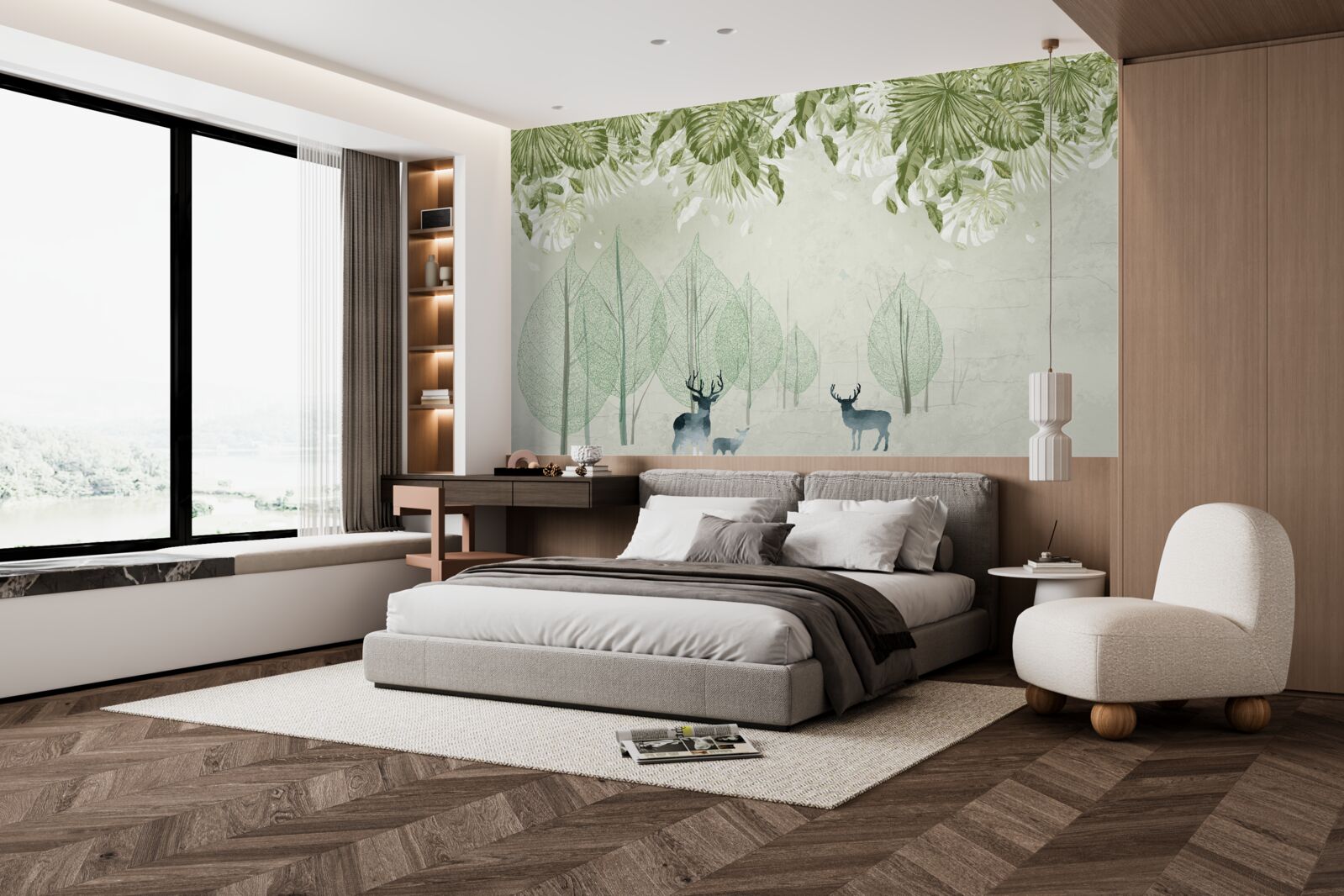 Fototapet o familie de căprioare rătăcește printr-o pădure cețoasă și verde