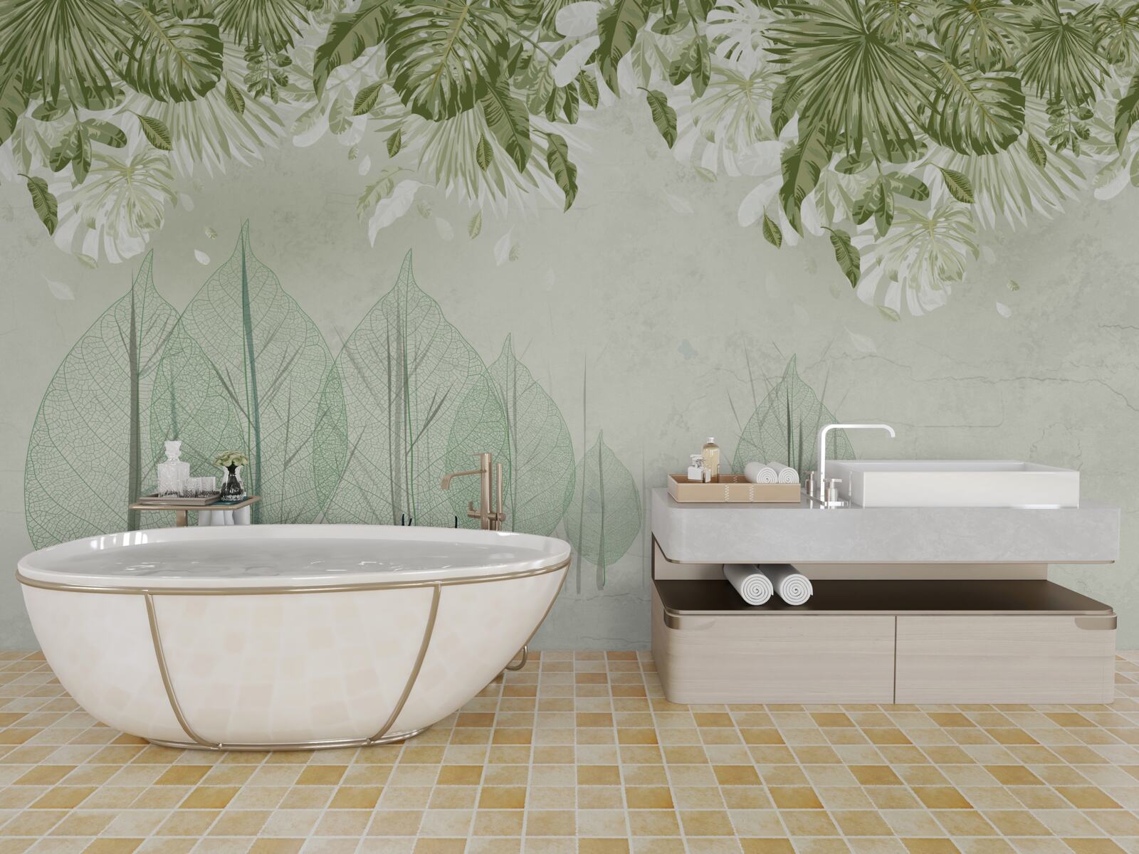 Fototapet o familie de căprioare rătăcește printr-o pădure cețoasă și verde