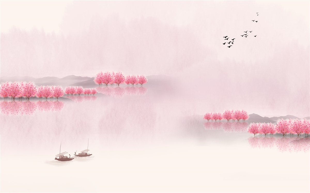 Fototapet iazuri liniștite și margini de pădure roz