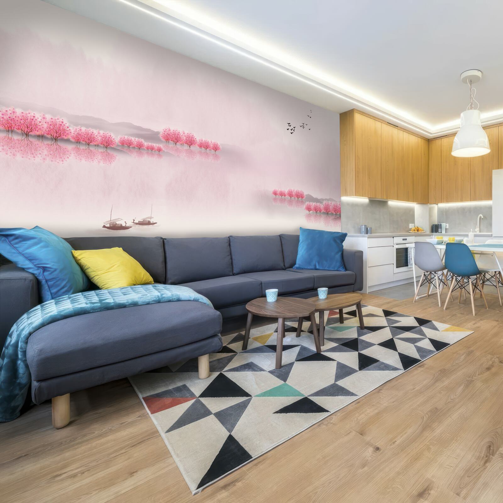 Fototapet iazuri liniștite și margini de pădure roz