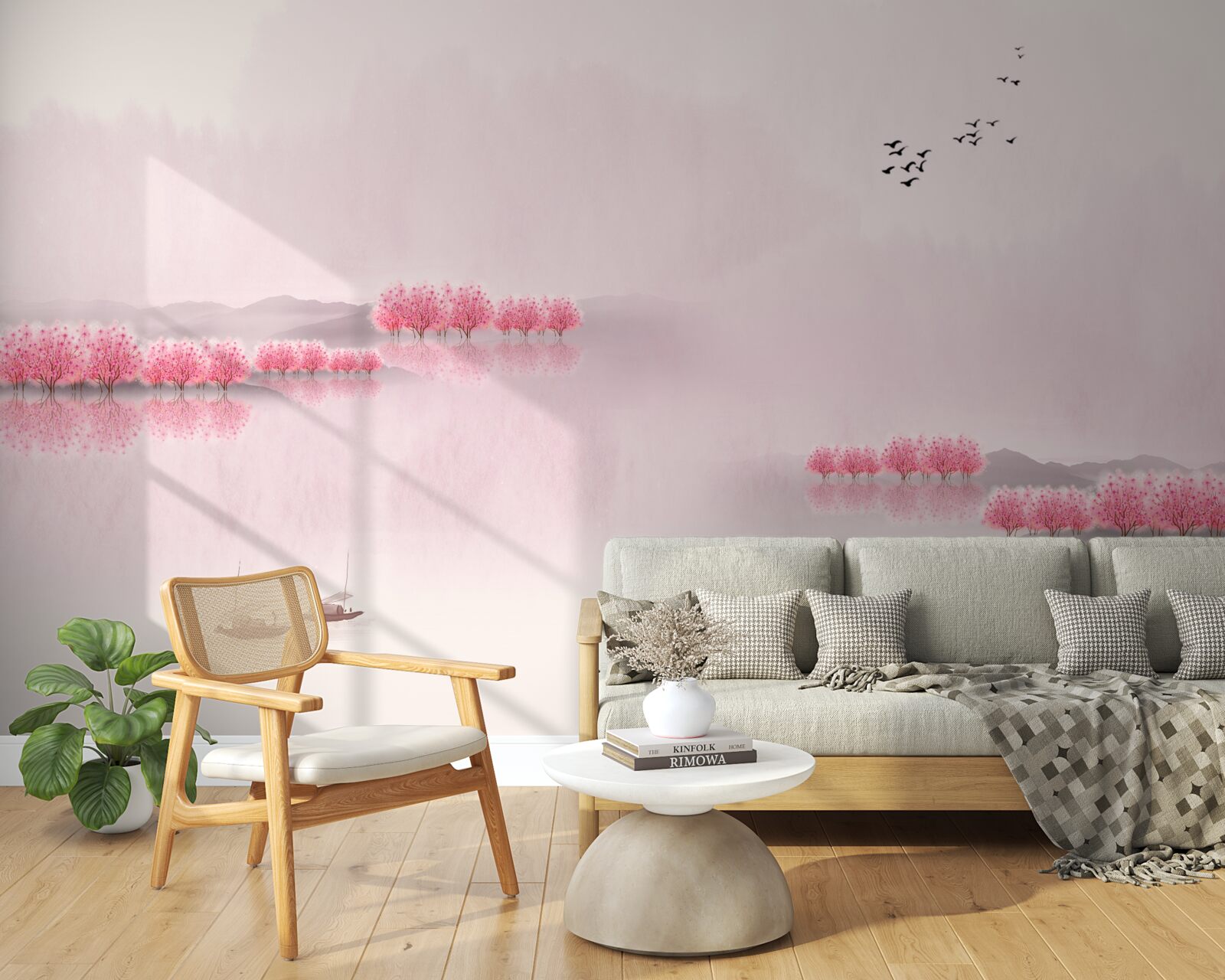 Fototapet iazuri liniștite și margini de pădure roz