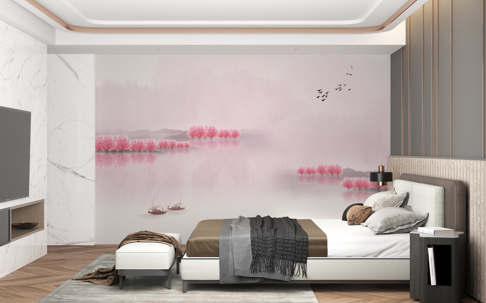 Fototapet iazuri liniștite și margini de pădure roz