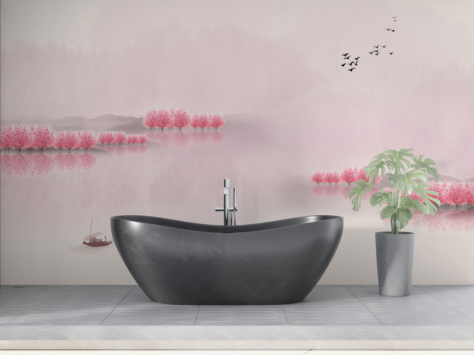 Fototapet iazuri liniștite și margini de pădure roz