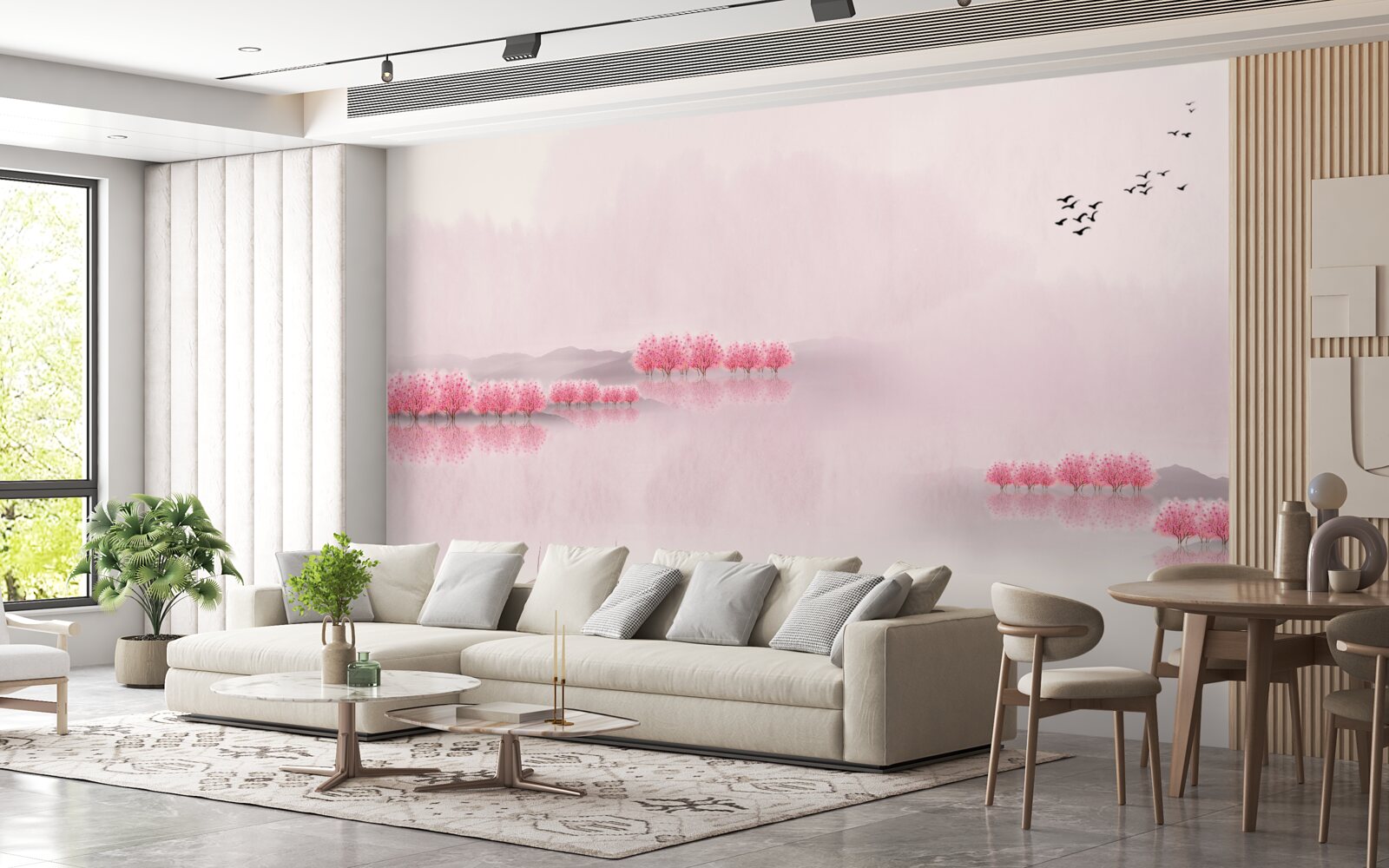 Fototapet iazuri liniștite și margini de pădure roz