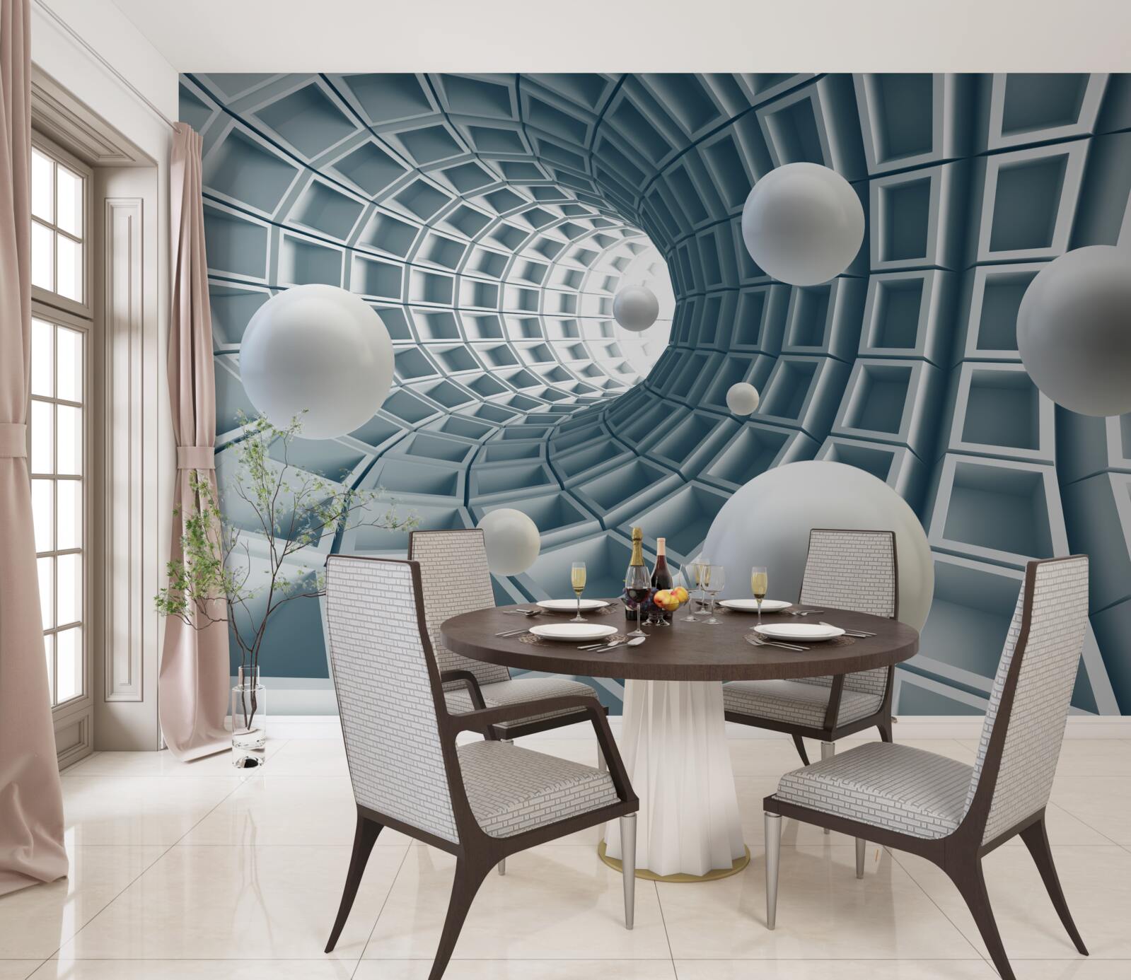 Fototapet tunel azuriu cu baloane care plutesc în aer