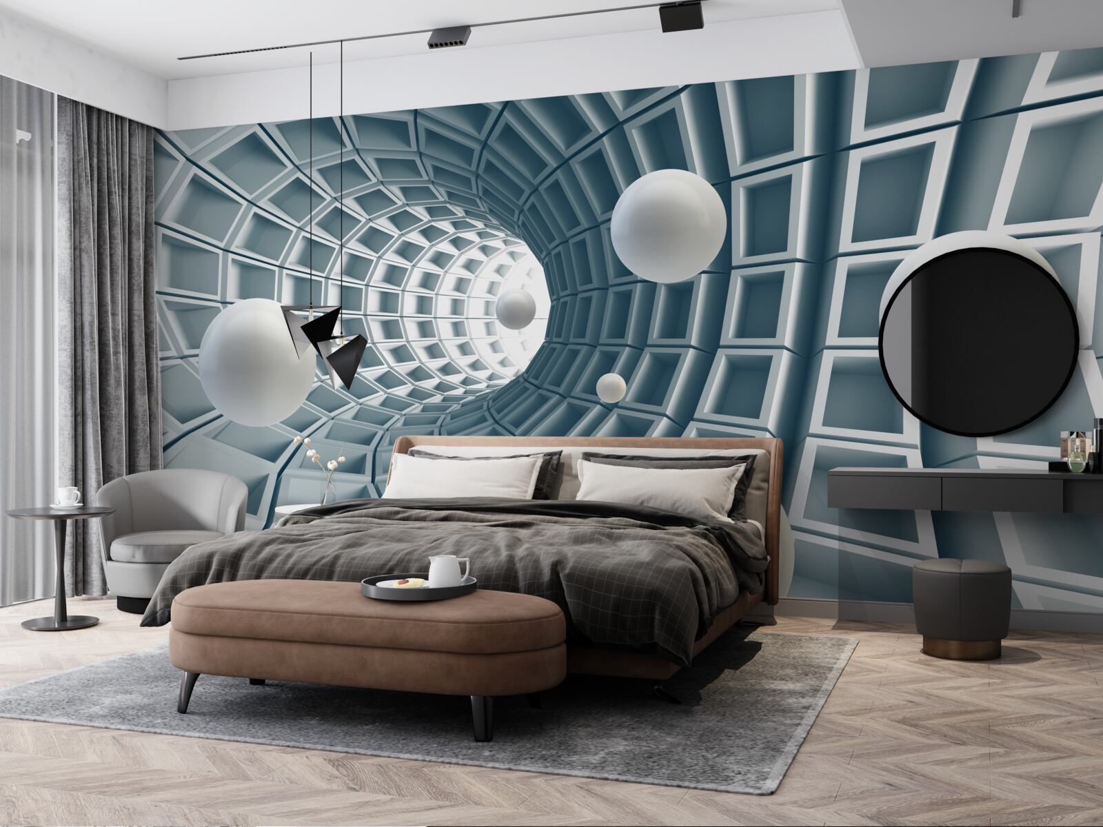 Fototapet tunel azuriu cu baloane care plutesc în aer