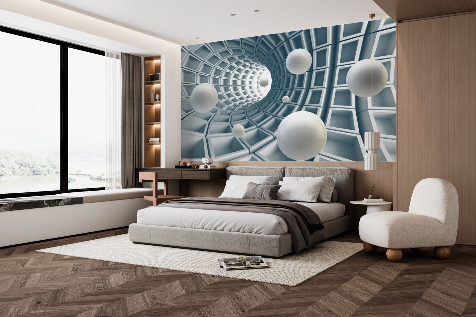 Fototapet tunel azuriu cu baloane care plutesc în aer