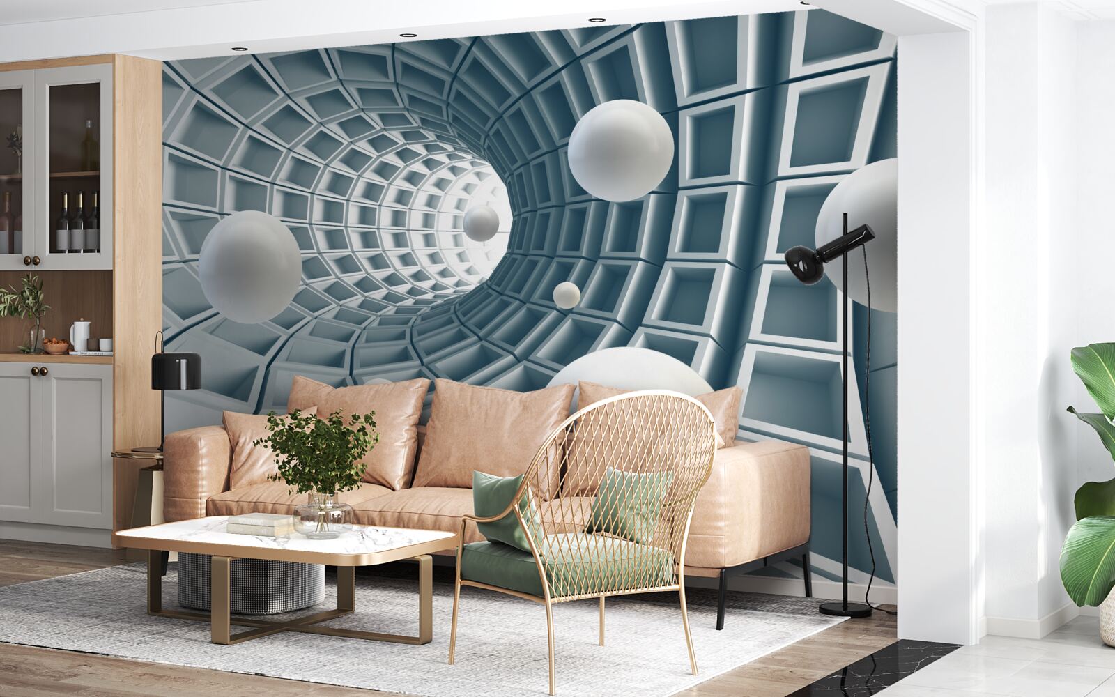 Fototapet tunel azuriu cu baloane care plutesc în aer