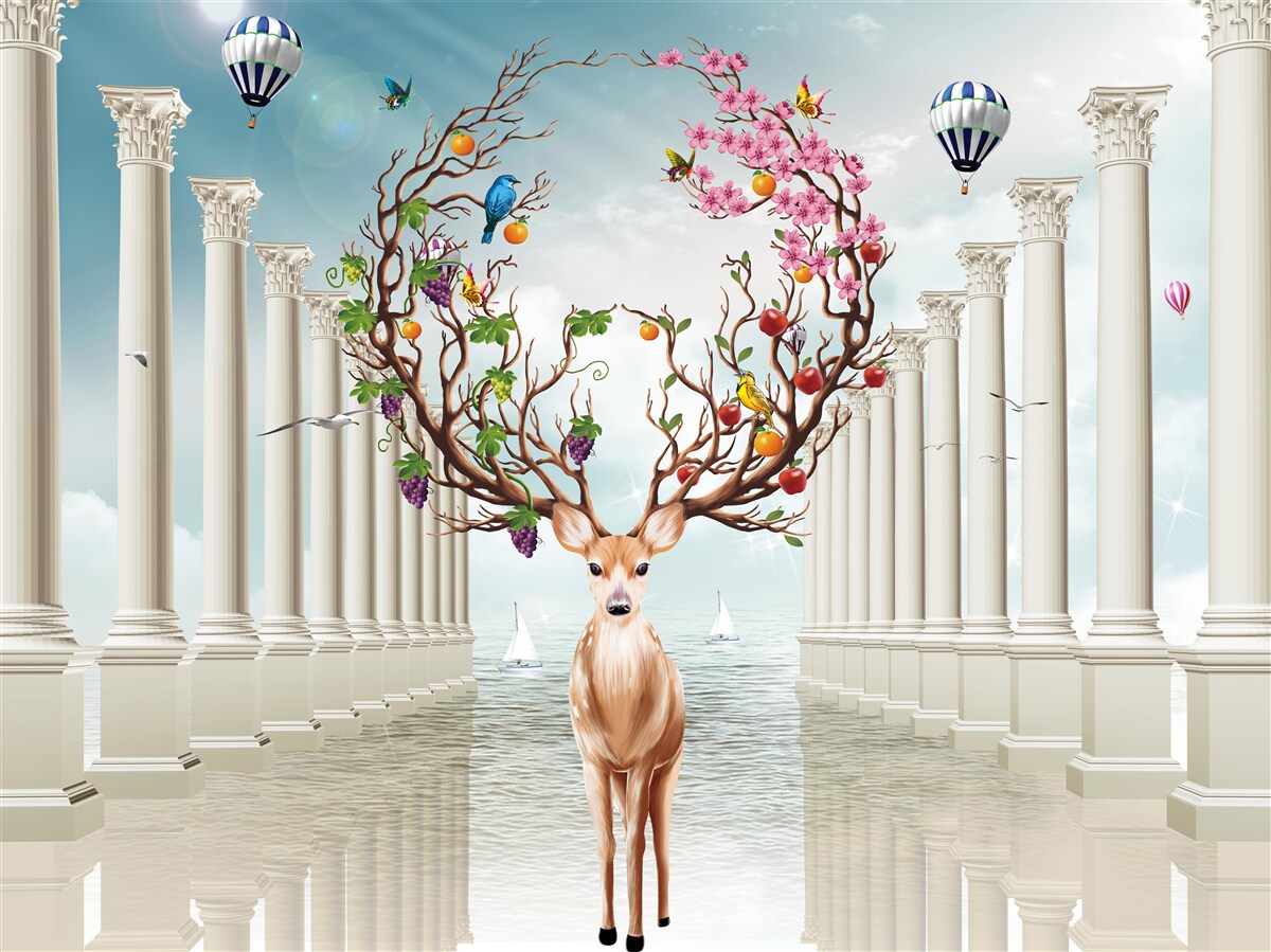 Fototapet O colonadă albă ca zăpada și o căprioară cu un corn abstract neobișnuit