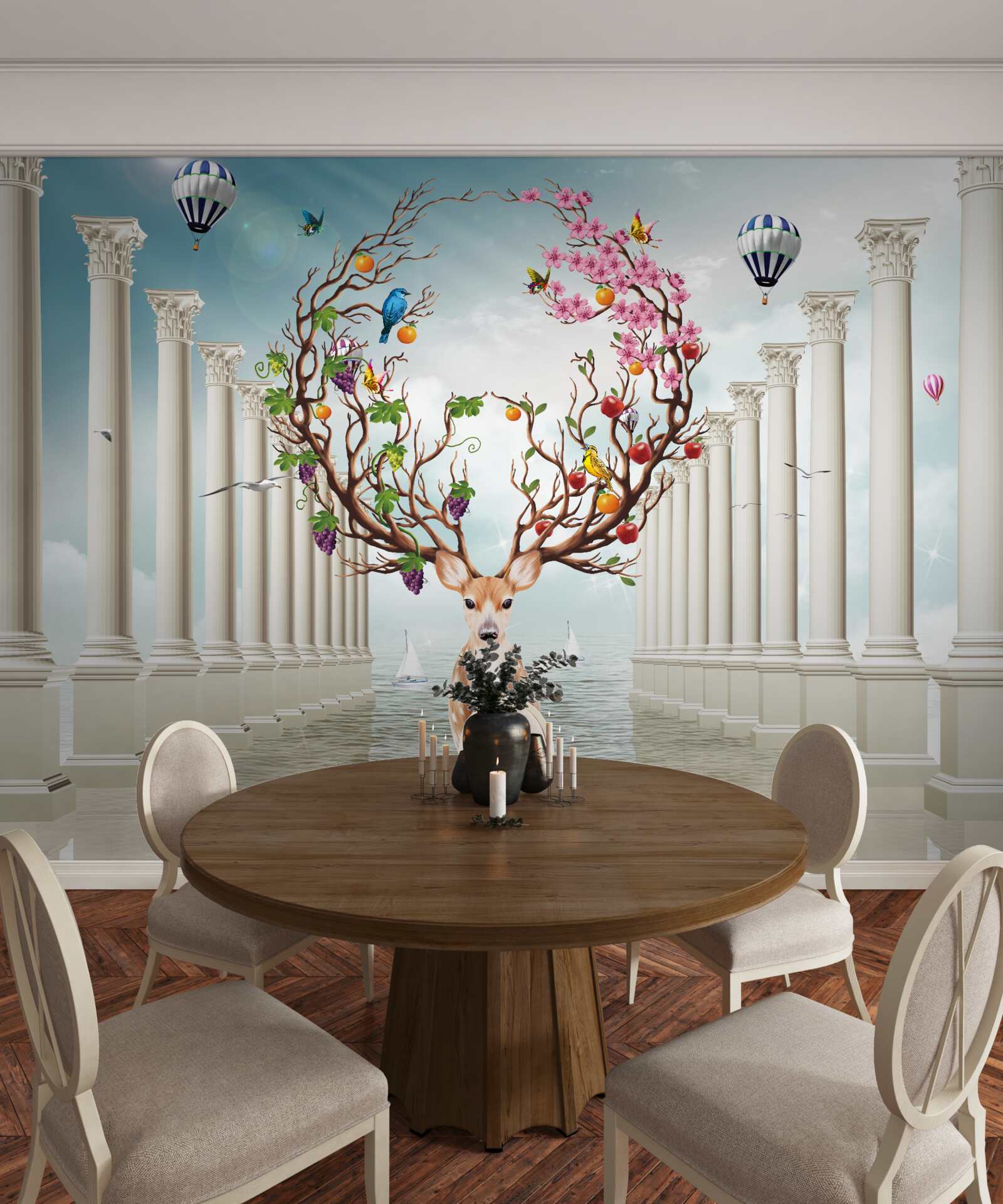 Fototapet O colonadă albă ca zăpada și o căprioară cu un corn abstract neobișnuit