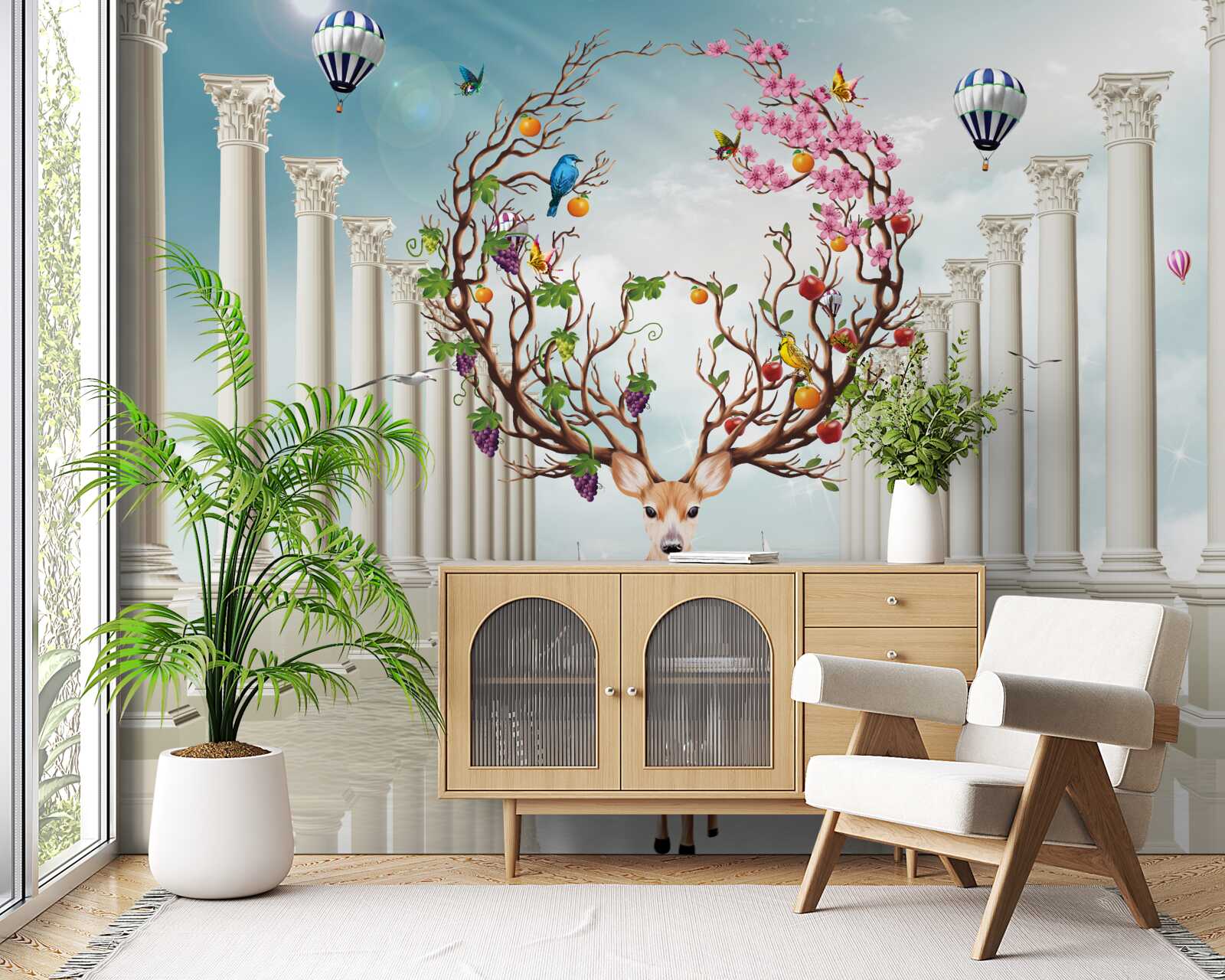 Fototapet O colonadă albă ca zăpada și o căprioară cu un corn abstract neobișnuit