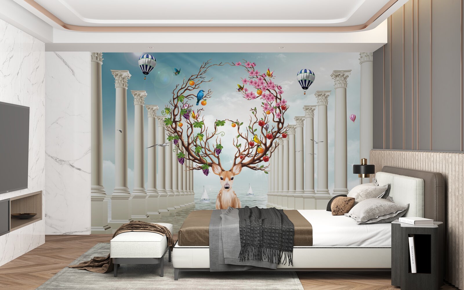 Fototapet O colonadă albă ca zăpada și o căprioară cu un corn abstract neobișnuit