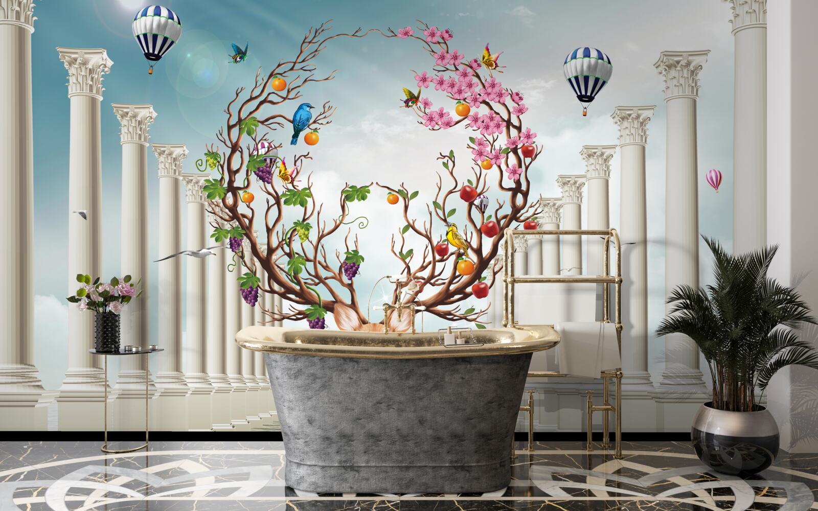 Fototapet O colonadă albă ca zăpada și o căprioară cu un corn abstract neobișnuit