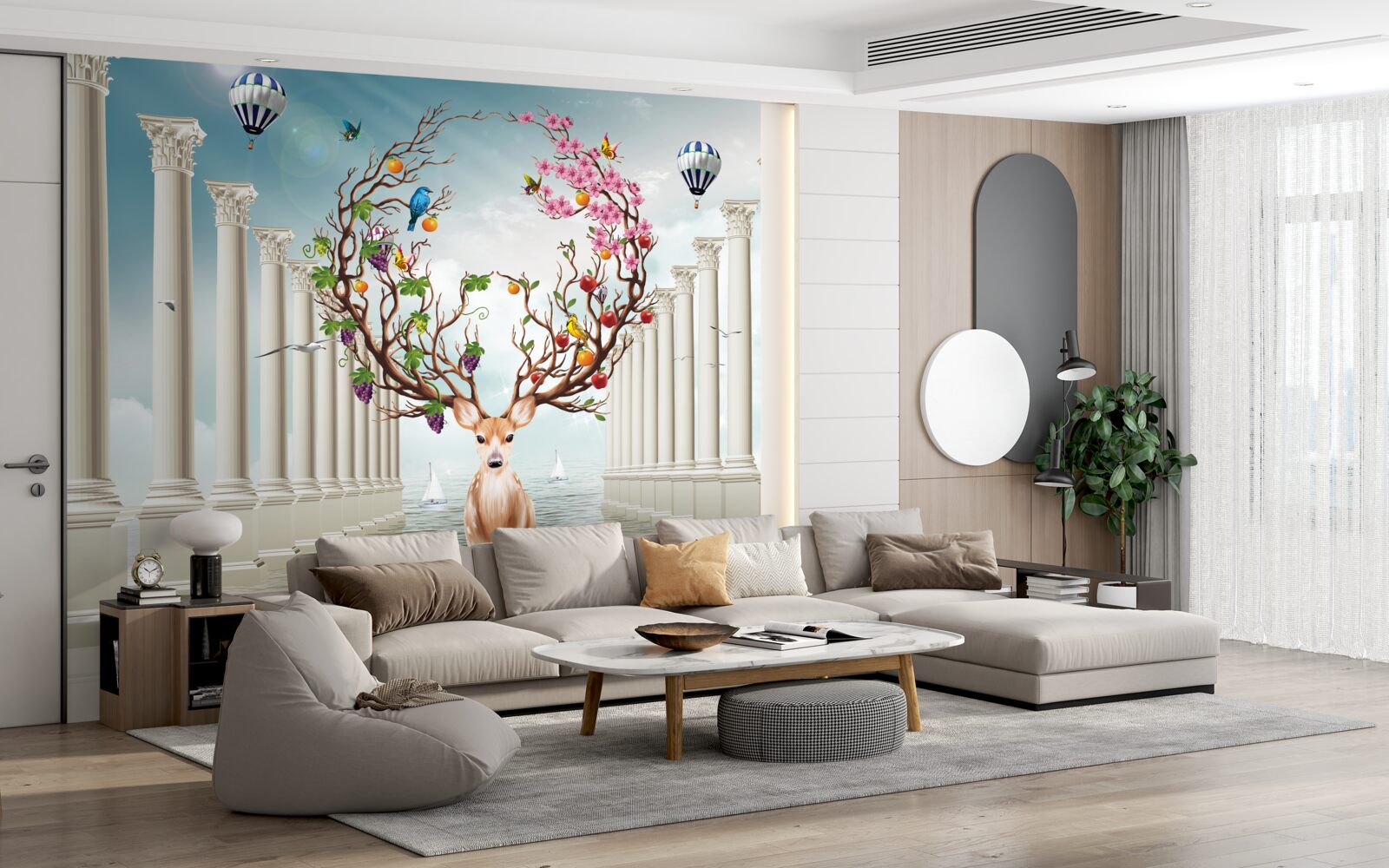 Fototapet O colonadă albă ca zăpada și o căprioară cu un corn abstract neobișnuit