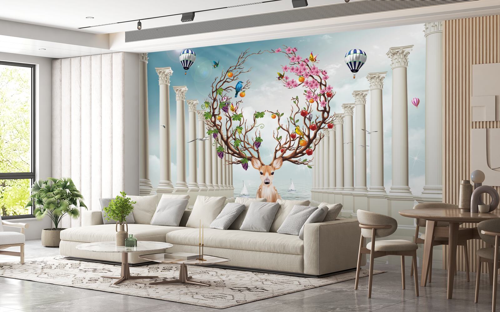 Fototapet O colonadă albă ca zăpada și o căprioară cu un corn abstract neobișnuit