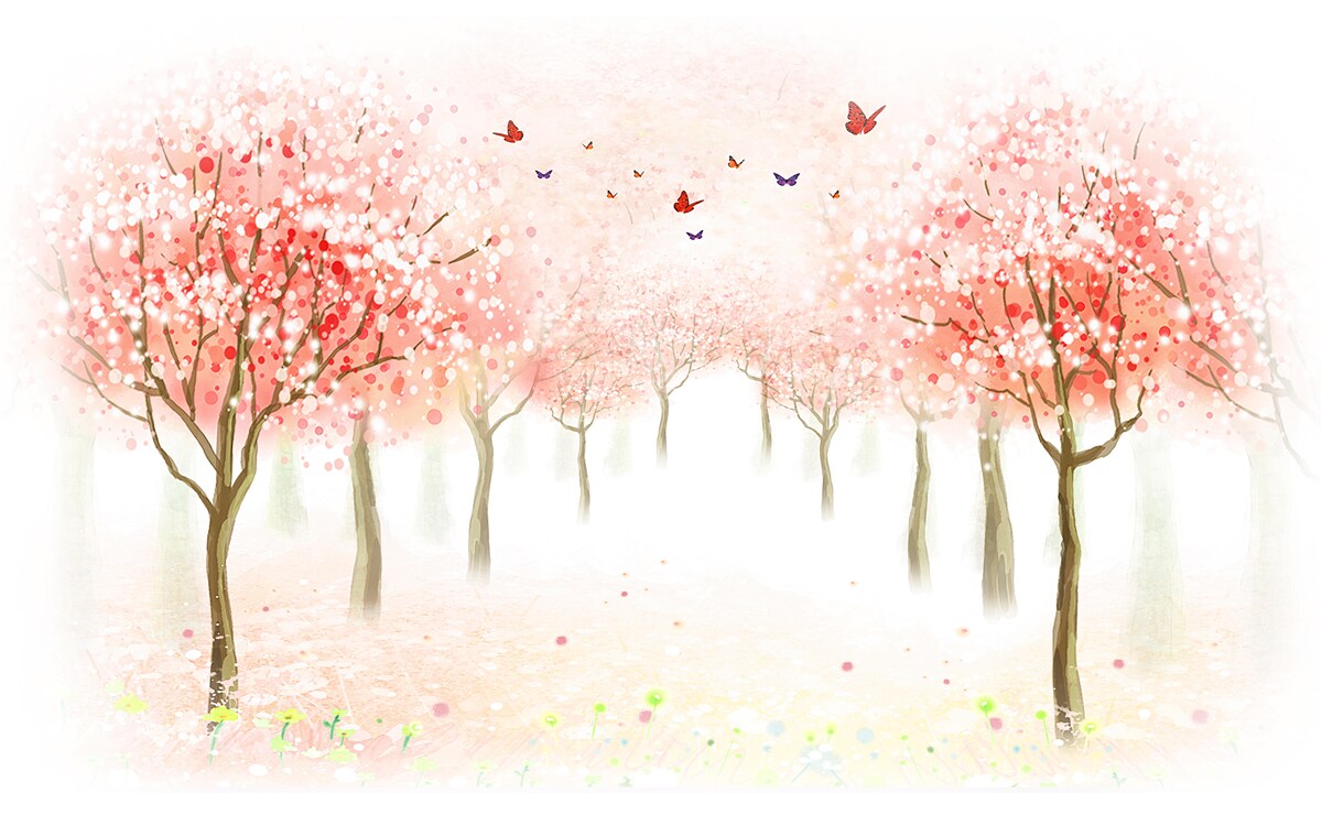 Fototapet copaci înfloriți presărați cu fluturi