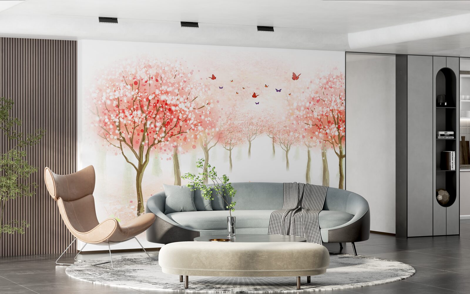 Fototapet copaci înfloriți presărați cu fluturi