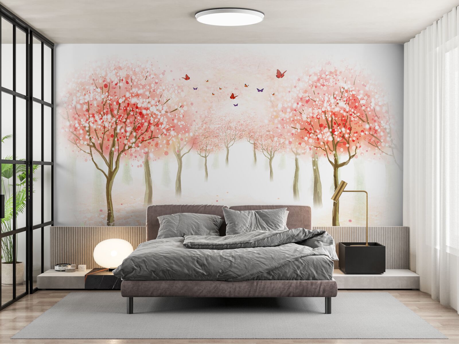 Fototapet copaci înfloriți presărați cu fluturi