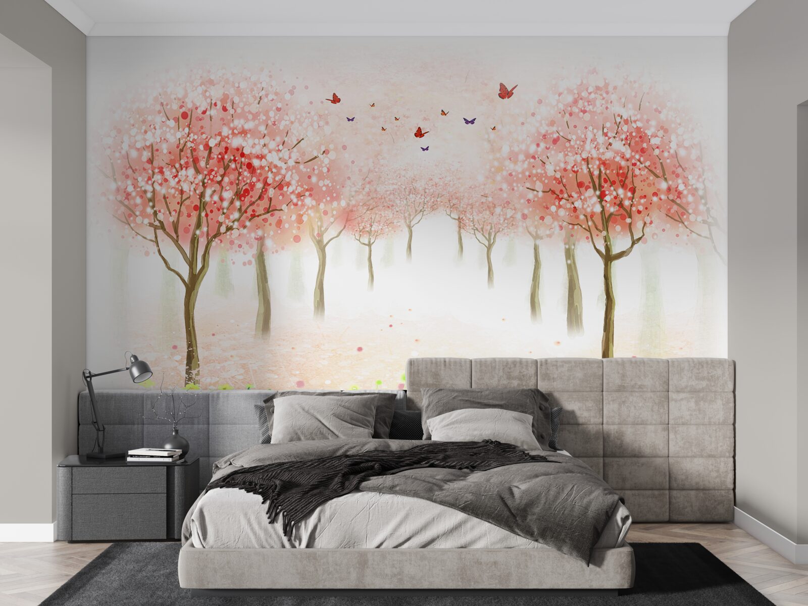 Fototapet copaci înfloriți presărați cu fluturi