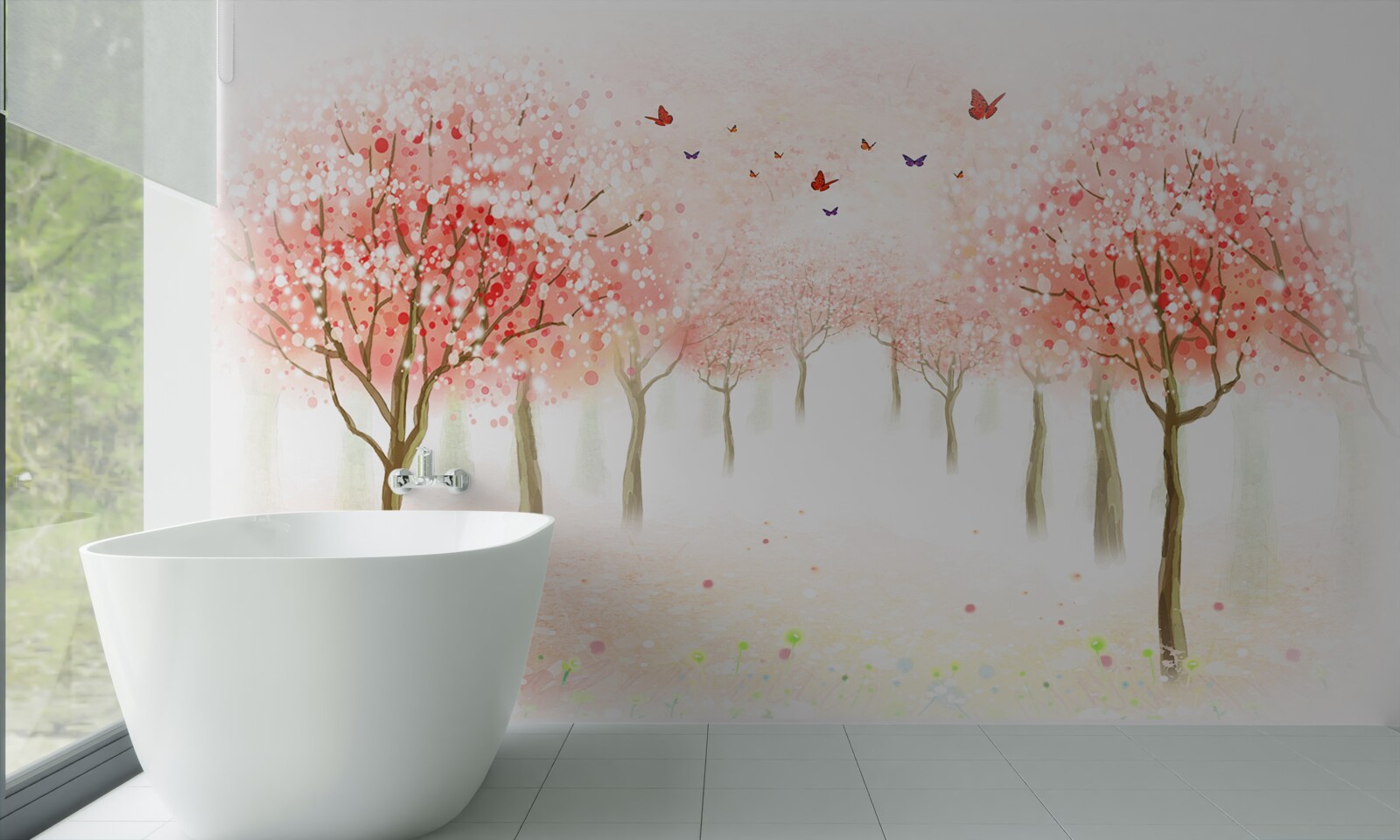 Fototapet copaci înfloriți presărați cu fluturi