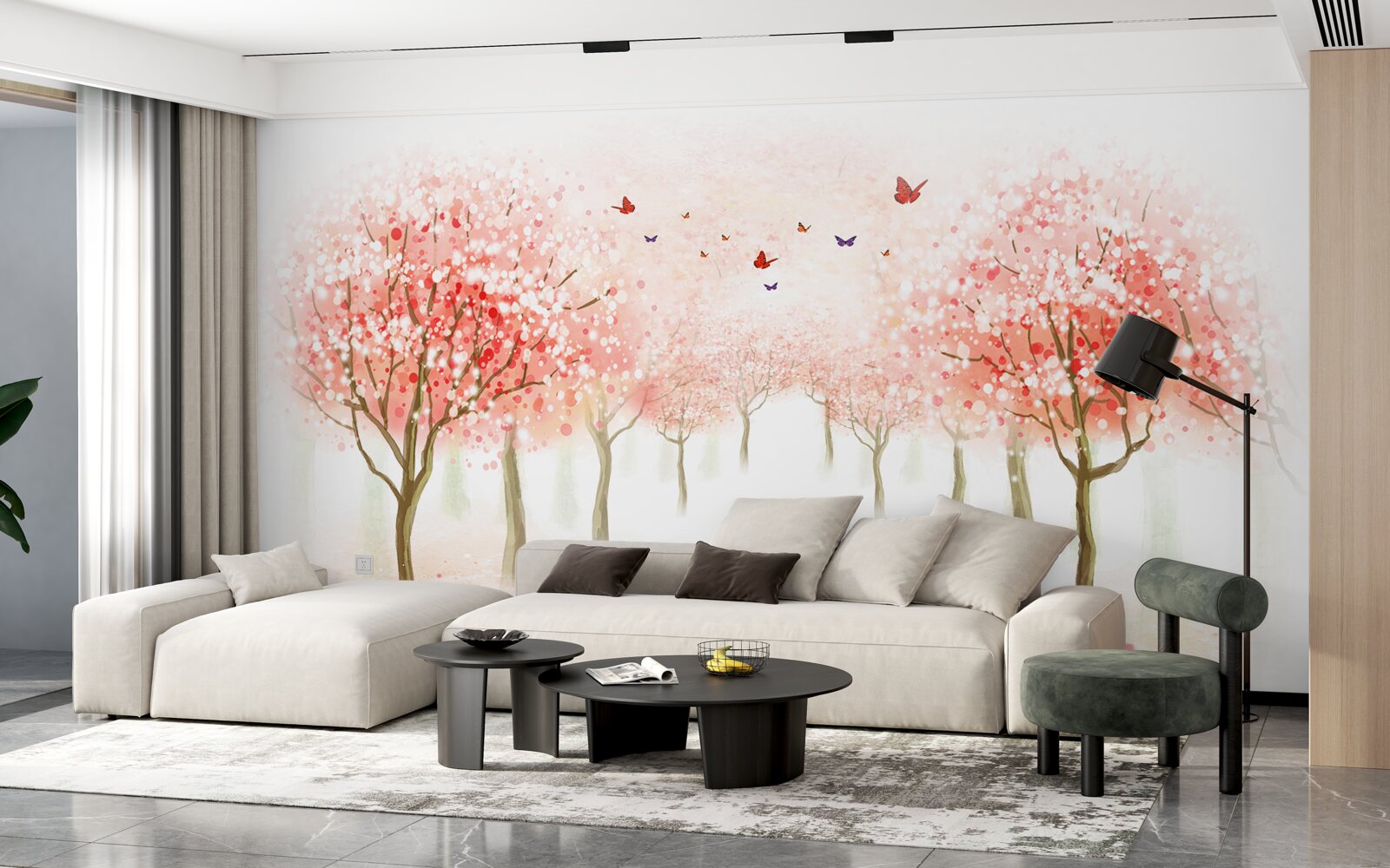 Fototapet copaci înfloriți presărați cu fluturi