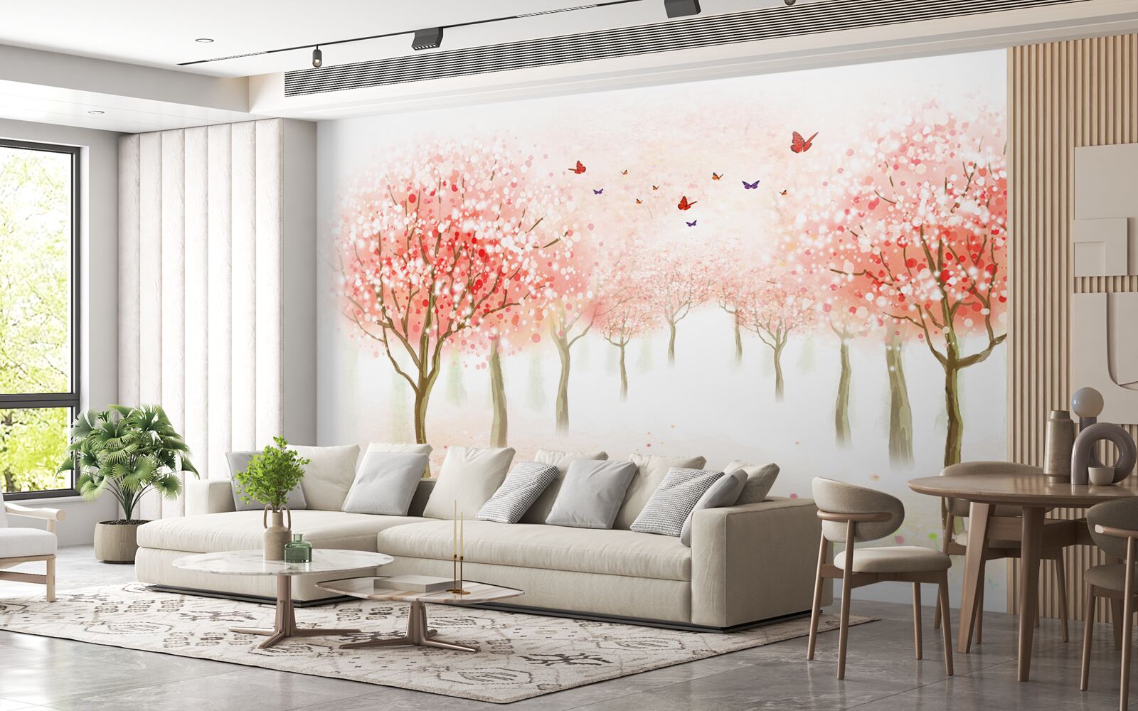 Fototapet copaci înfloriți presărați cu fluturi