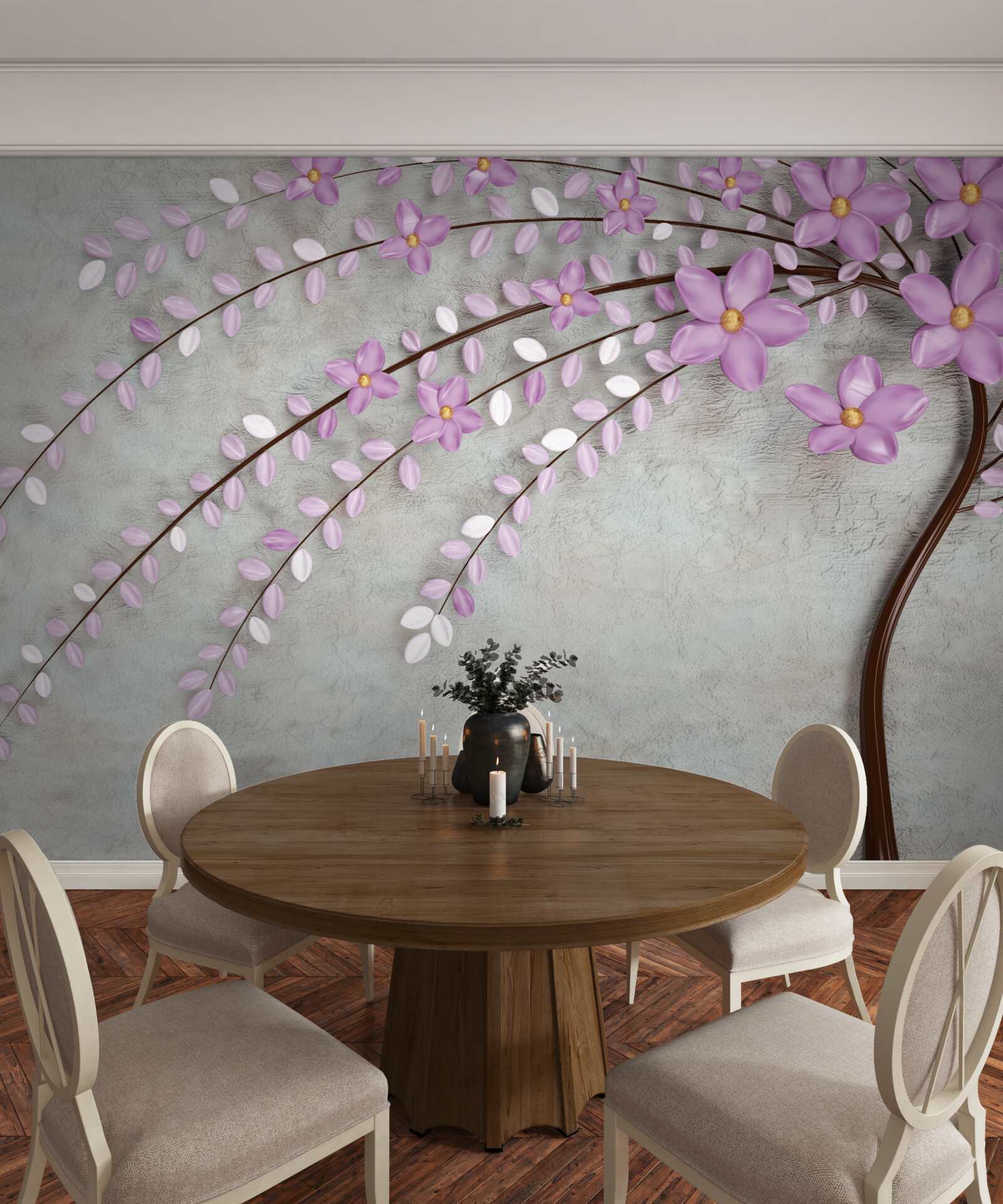 Fototapet copac decorat cu flori delicate de liliac