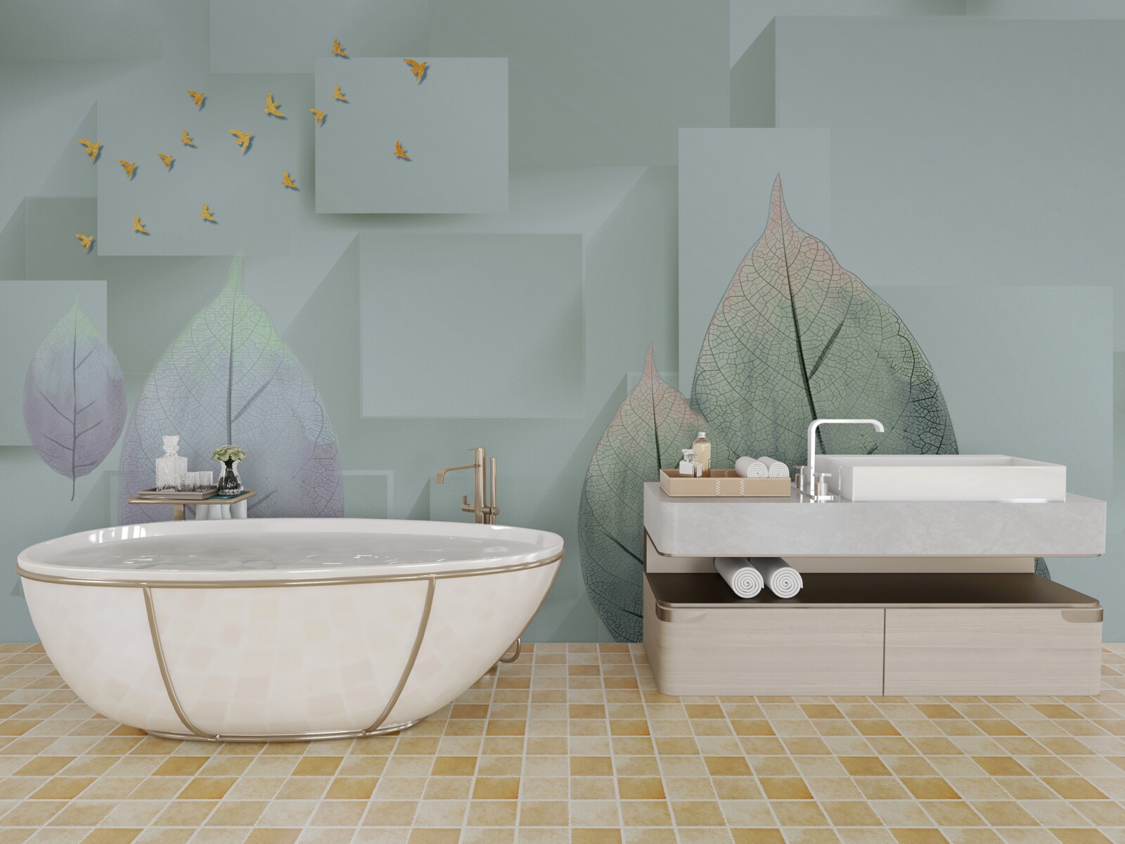 Fototapet Păsări și frunze galbene