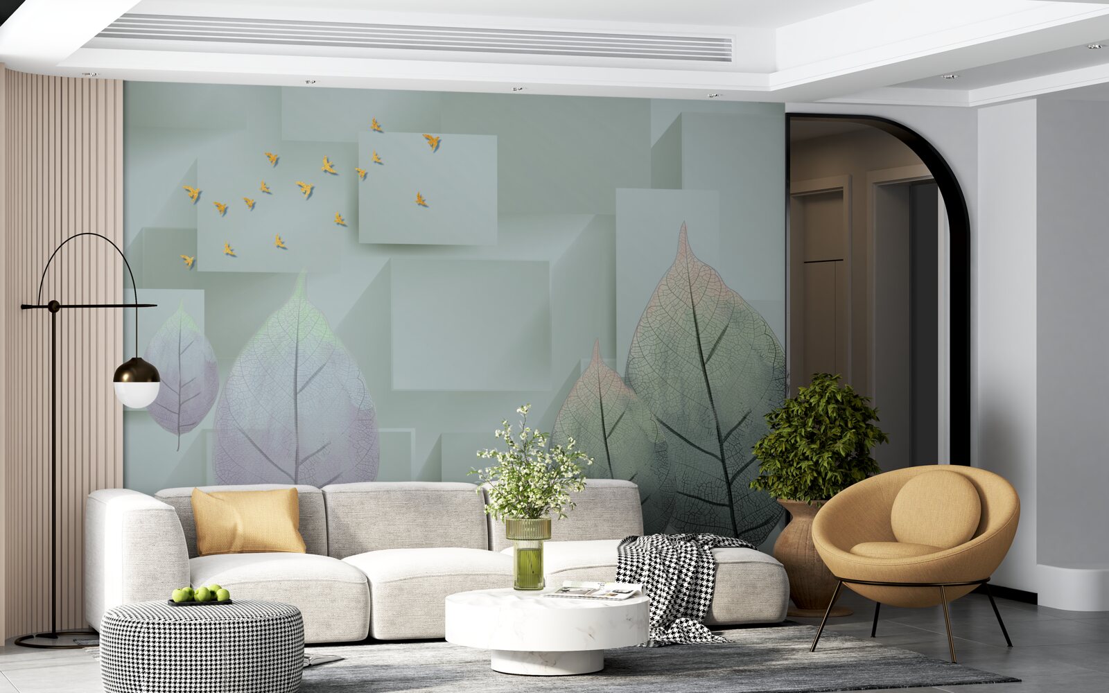 Fototapet Păsări și frunze galbene