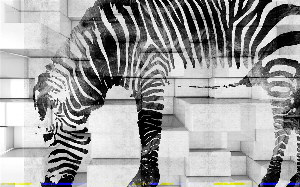 Fototapet zid de cărămidă lângă un adăpost cu imaginea unei zebre