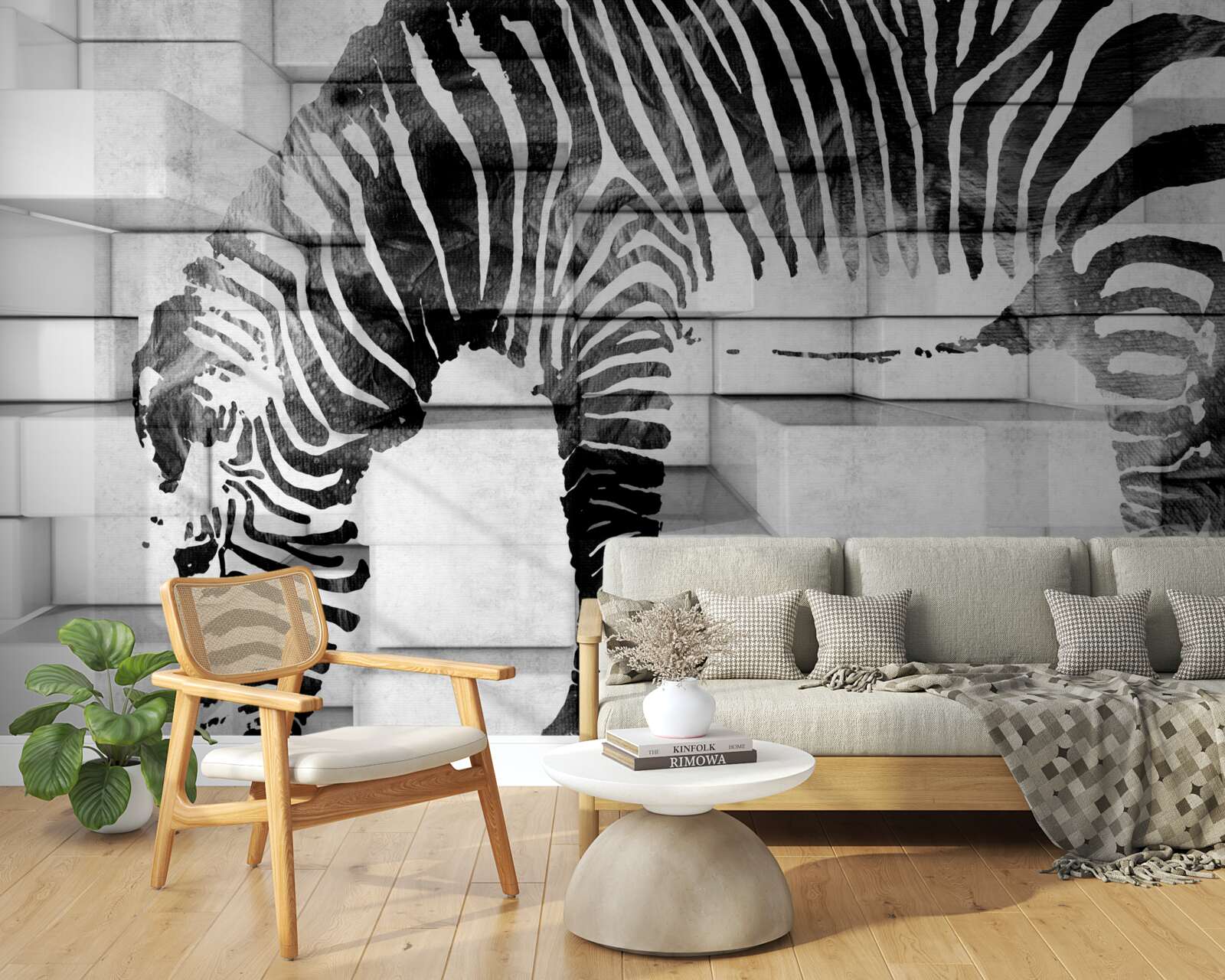 Fototapet zid de cărămidă lângă un adăpost cu imaginea unei zebre