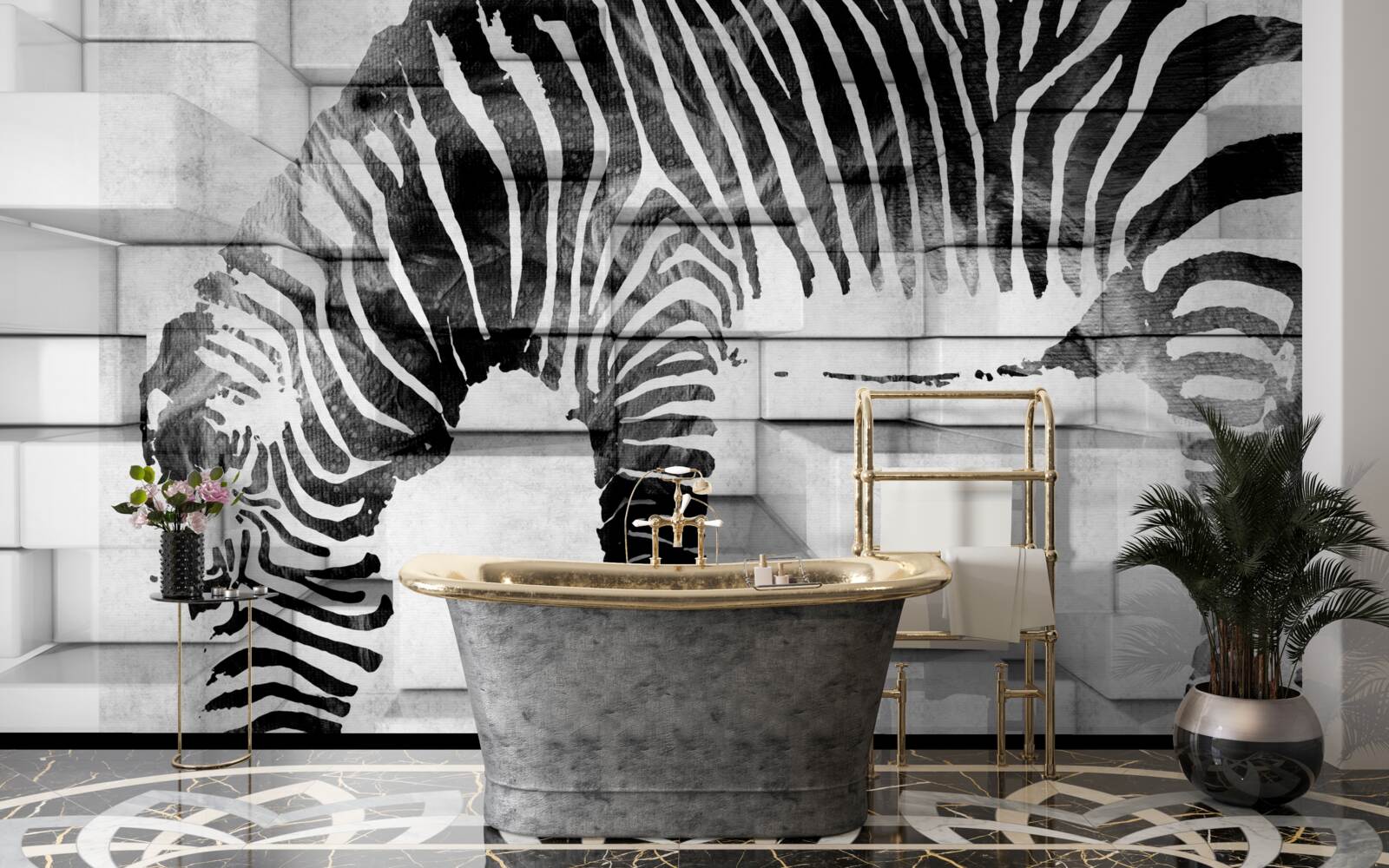 Fototapet zid de cărămidă lângă un adăpost cu imaginea unei zebre