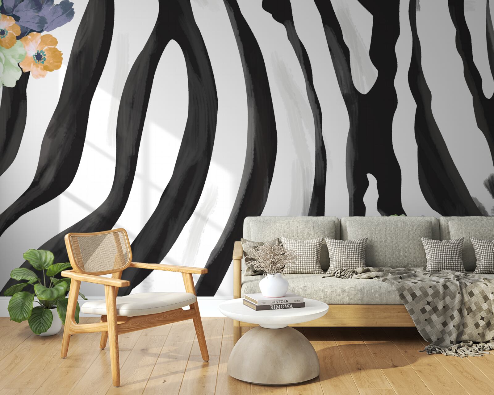 Fototapet fundal cu flori pe un fundal de dungi albe și negre