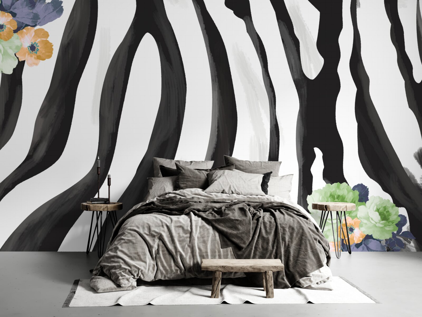 Fototapet fundal cu flori pe un fundal de dungi albe și negre