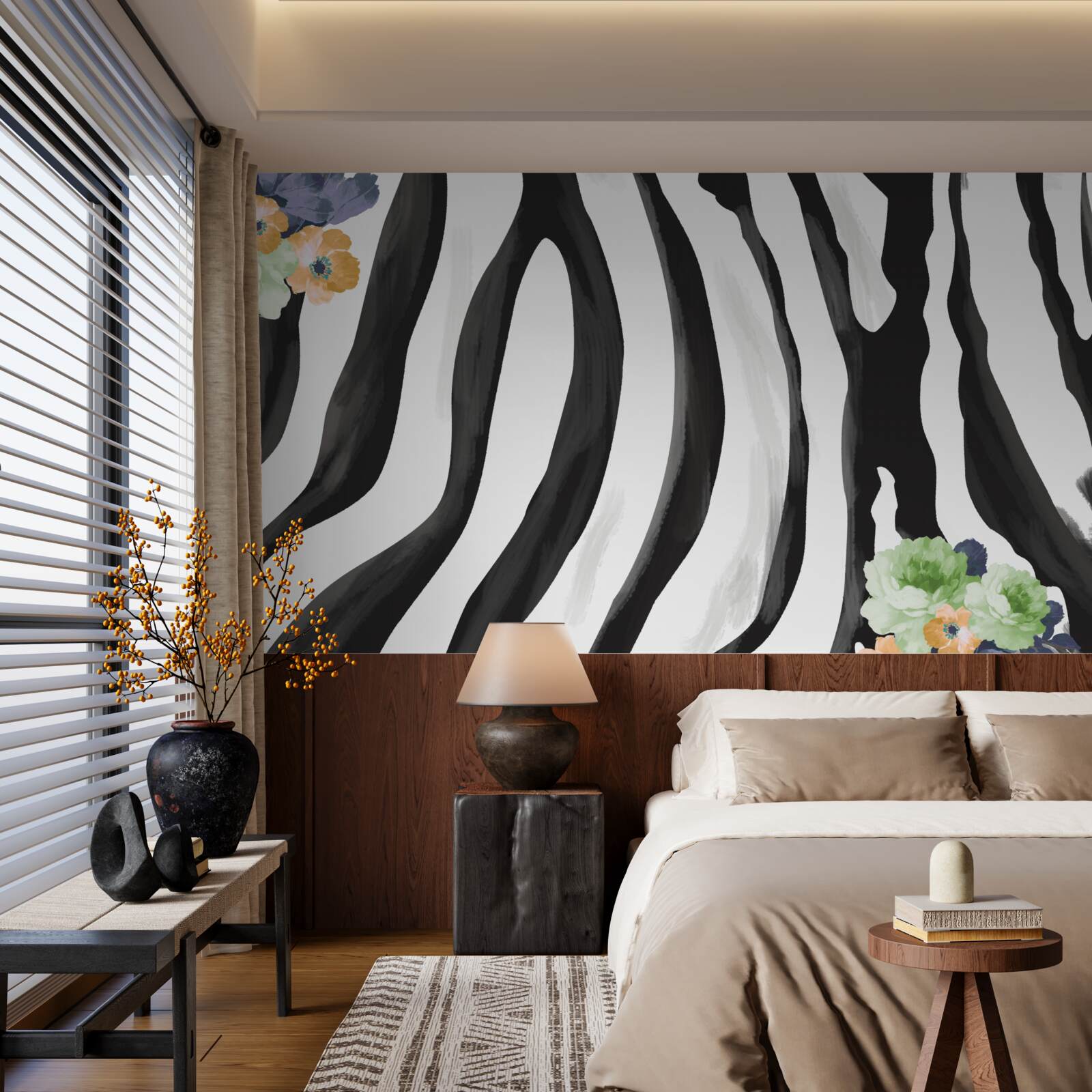 Fototapet fundal cu flori pe un fundal de dungi albe și negre