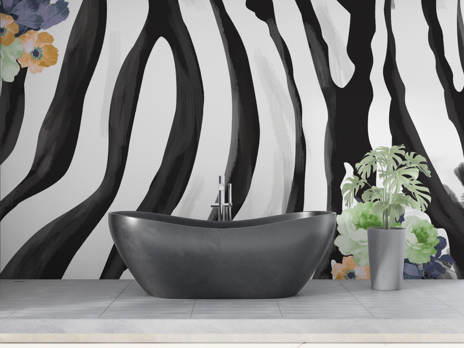 Fototapet fundal cu flori pe un fundal de dungi albe și negre