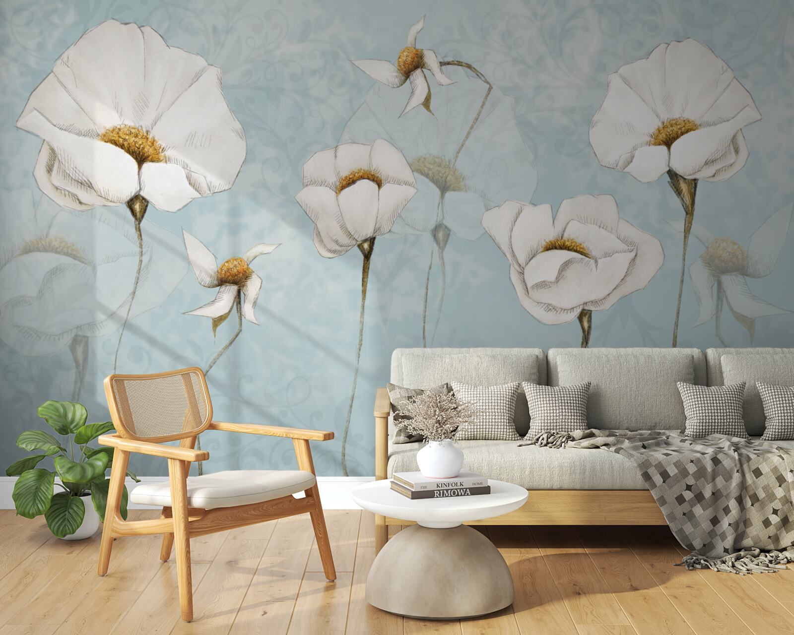 Fototapet floricelele sunt albe ca zăpada, așezate pe trunchiuri înalte, delicate