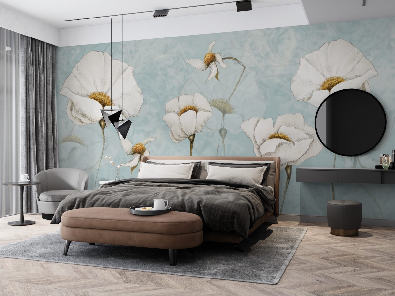 Fototapet floricelele sunt albe ca zăpada, așezate pe trunchiuri înalte, delicate