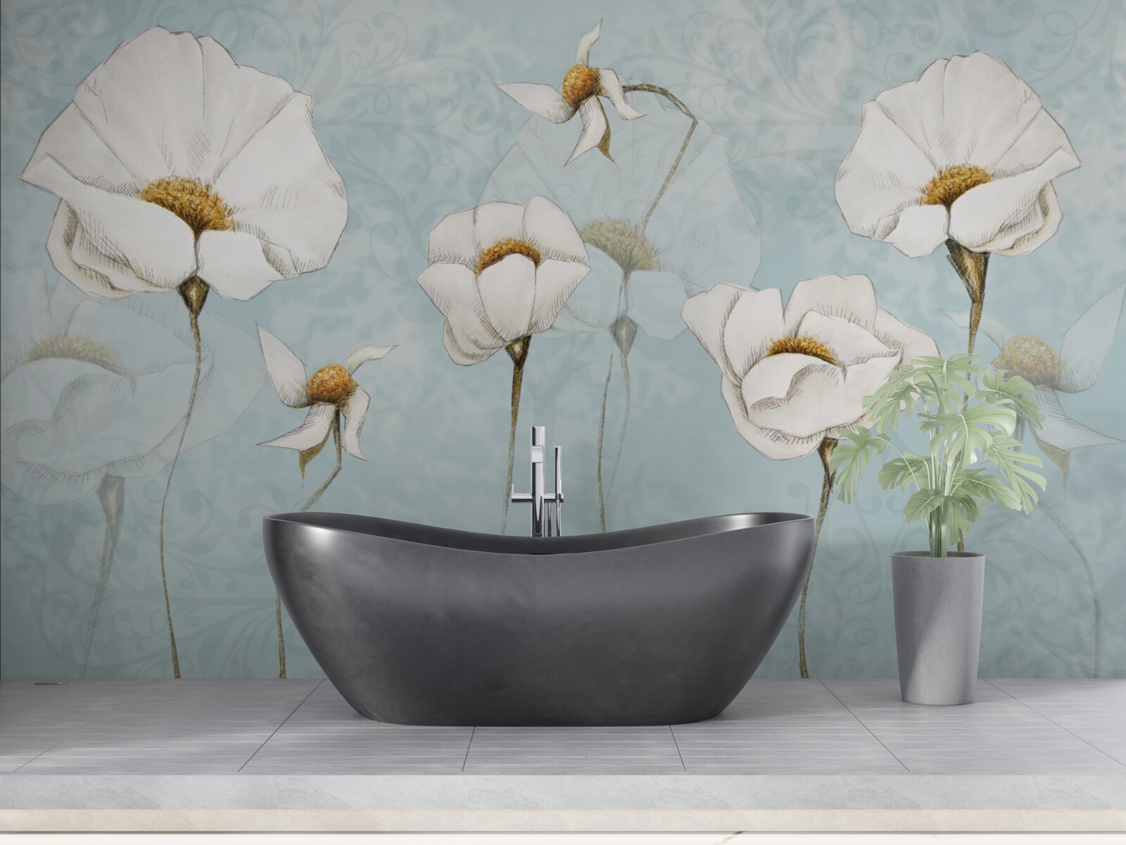 Fototapet floricelele sunt albe ca zăpada, așezate pe trunchiuri înalte, delicate