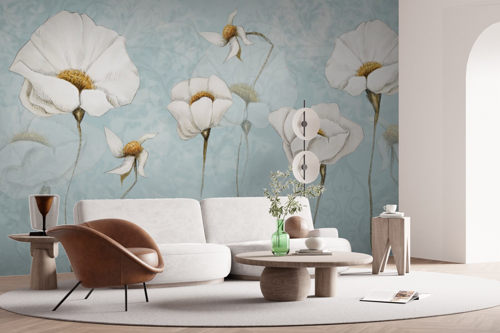 Fototapet floricelele sunt albe ca zăpada, așezate pe trunchiuri înalte, delicate