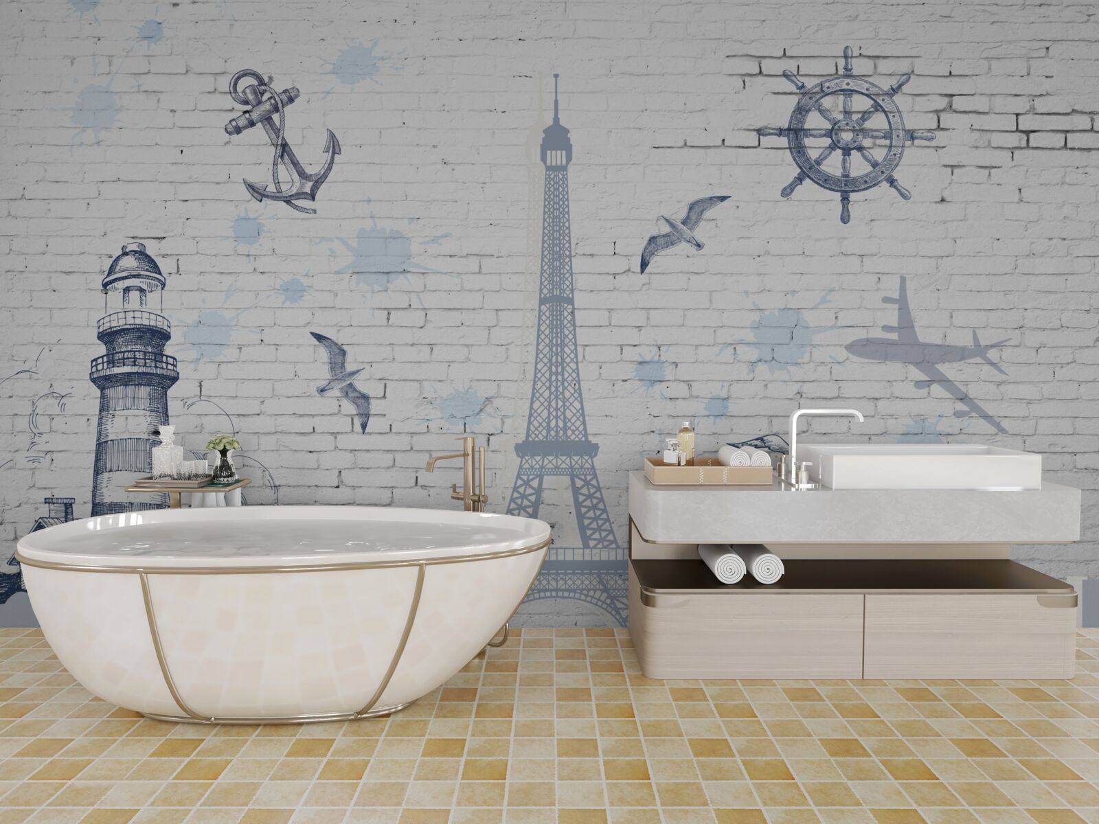 Fototapet turnul eiffel și farul pe perete