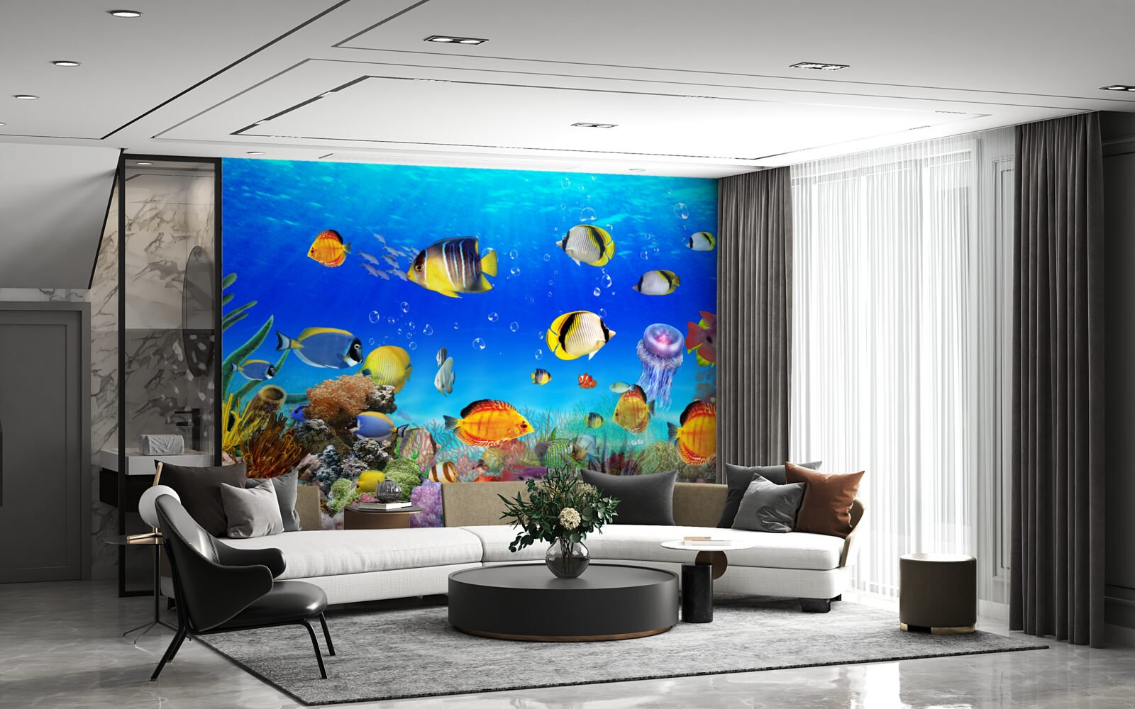 Fototapet pești colorați în apă albastră