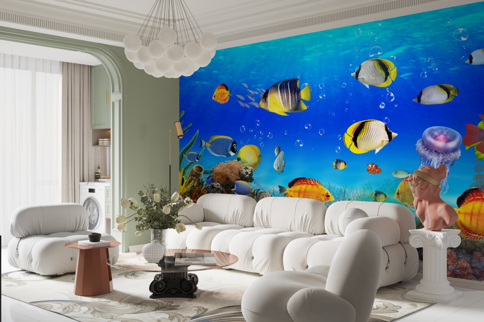 Fototapet pești colorați în apă albastră