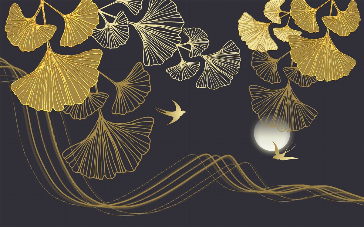 Fototapet frunze în nuanțe aurii și valuri marine