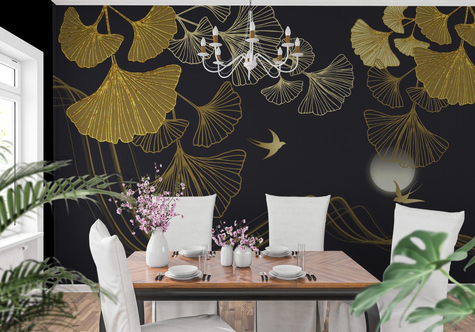 Fototapet frunze în nuanțe aurii și valuri marine