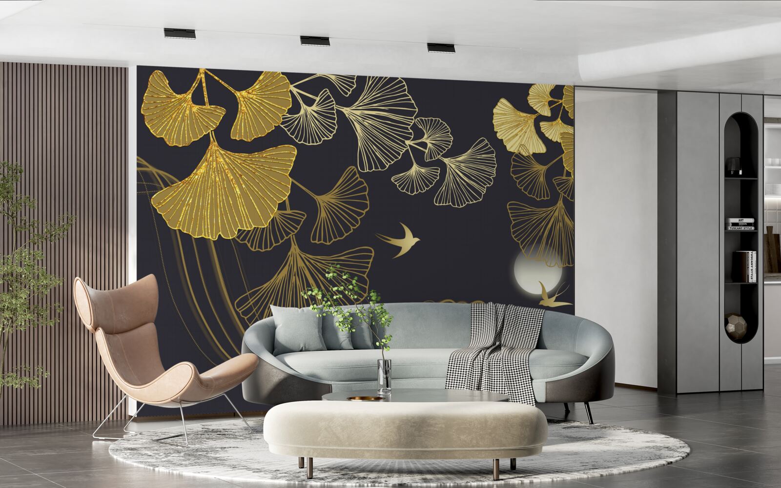 Fototapet frunze în nuanțe aurii și valuri marine