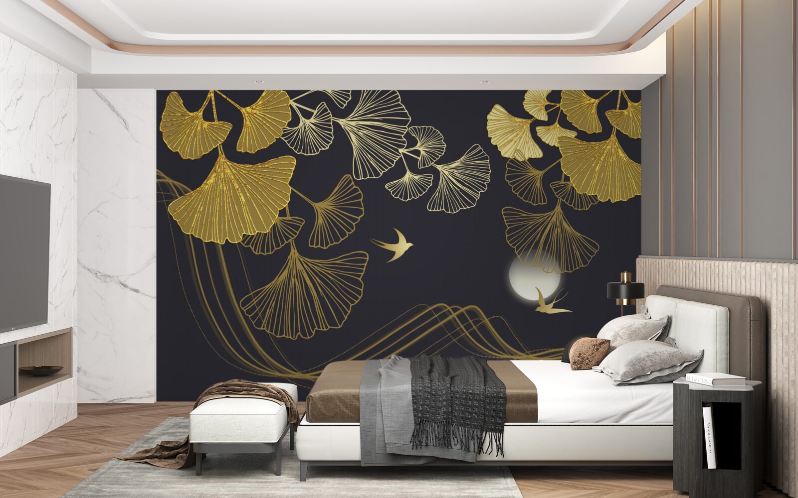 Fototapet frunze în nuanțe aurii și valuri marine